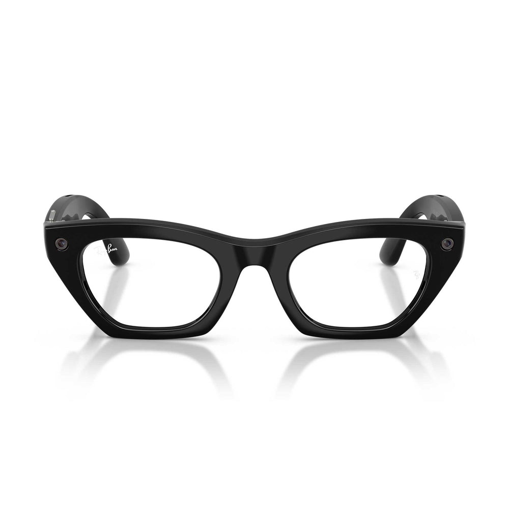 Black cat-eye eyeglasses with a glossy finish, shown from the front on a white background with a soft reflection.