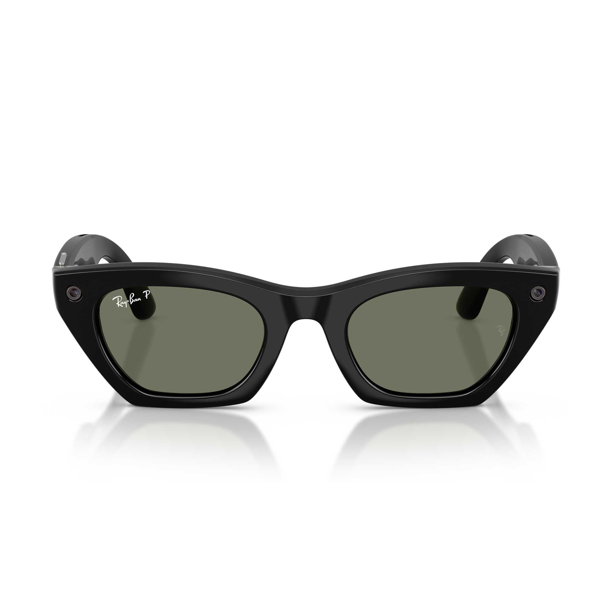 Ray-Ban sunglasses with a glossy black acetate frame and dark green tinted lenses, shown on a clean white background with a soft reflection.
