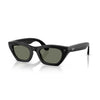 Black Ray-Ban Wayfarer-style sunglasses with dark green lenses, shown at a three-quarter angle on a white background with a soft reflection.