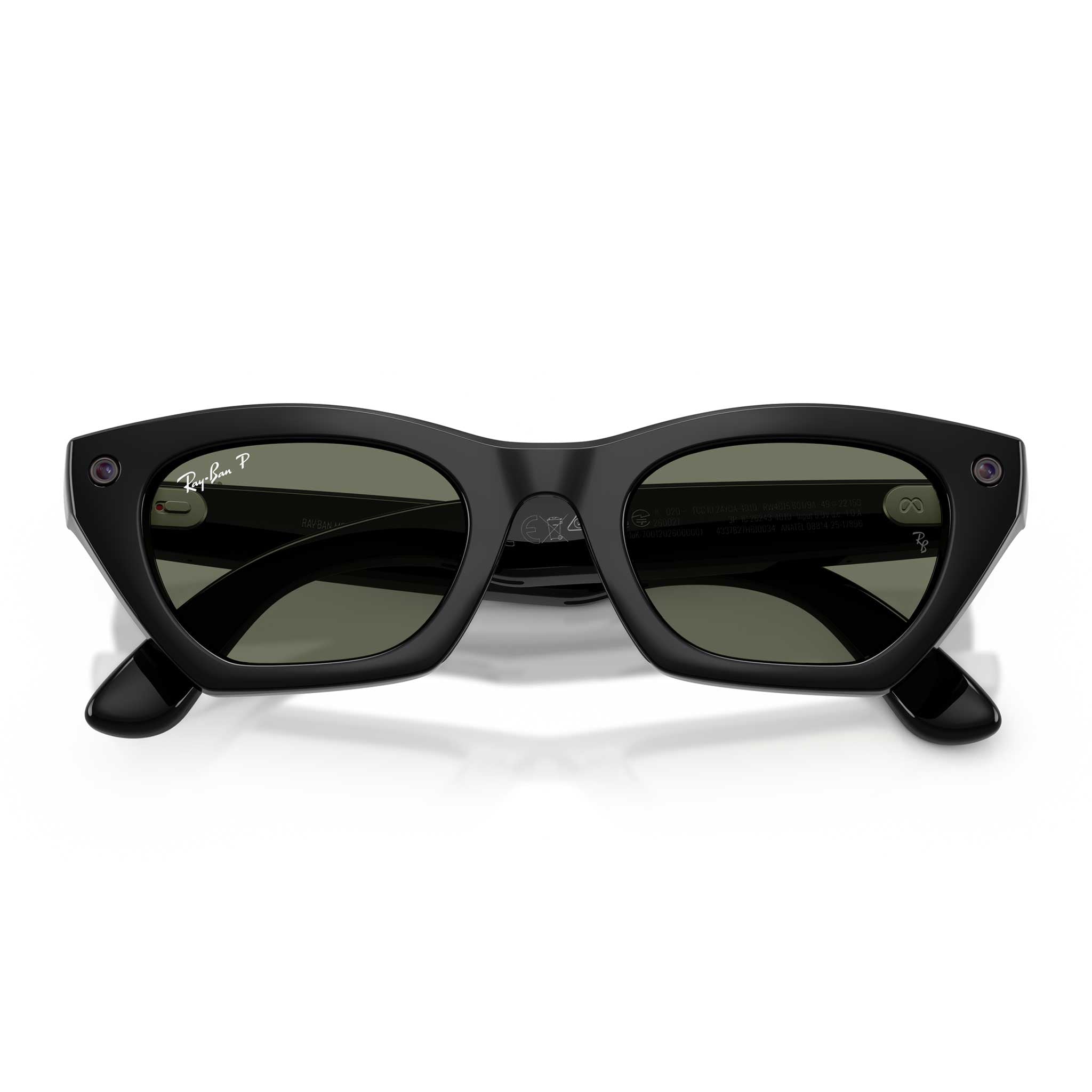 Ray-Ban Wayfarer-style sunglasses with a glossy black acetate frame and dark green-tinted lenses, shown from a front-facing three-quarter angle on a white background.