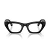 A pair of black smart glasses against a white background.