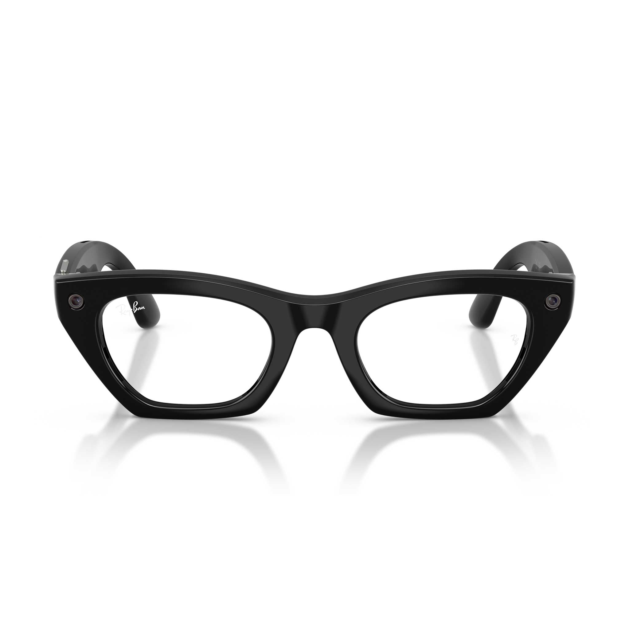 A pair of black smart glasses against a white background.