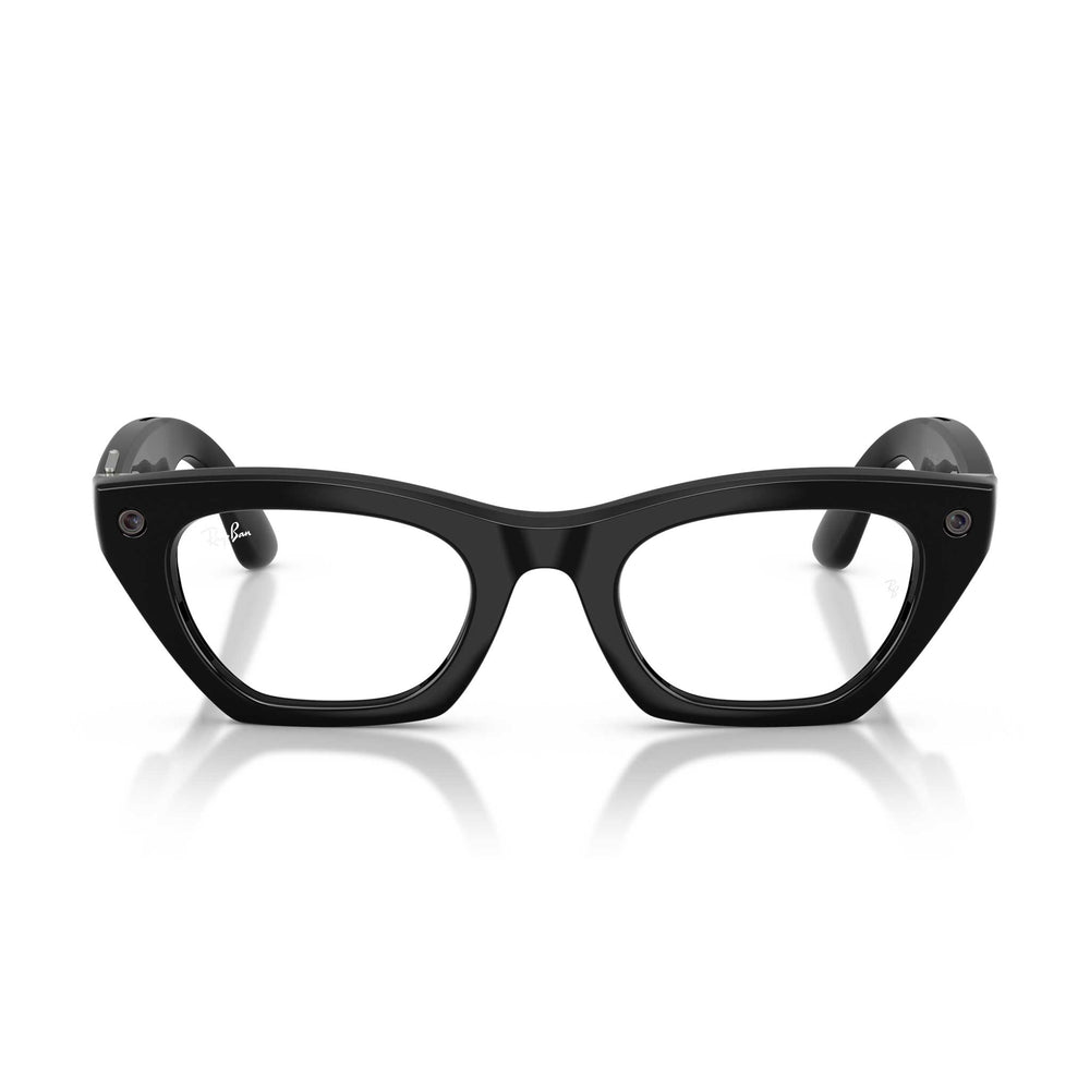 A pair of black smart glasses against a white background.