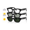 Three pairs of Ray-Ban smart sunglasses with black frames are stacked vertically on a white background, showing different lens states: clear, gray, and dark green. Yellow and gray sun/cloud icons are displayed on the left.