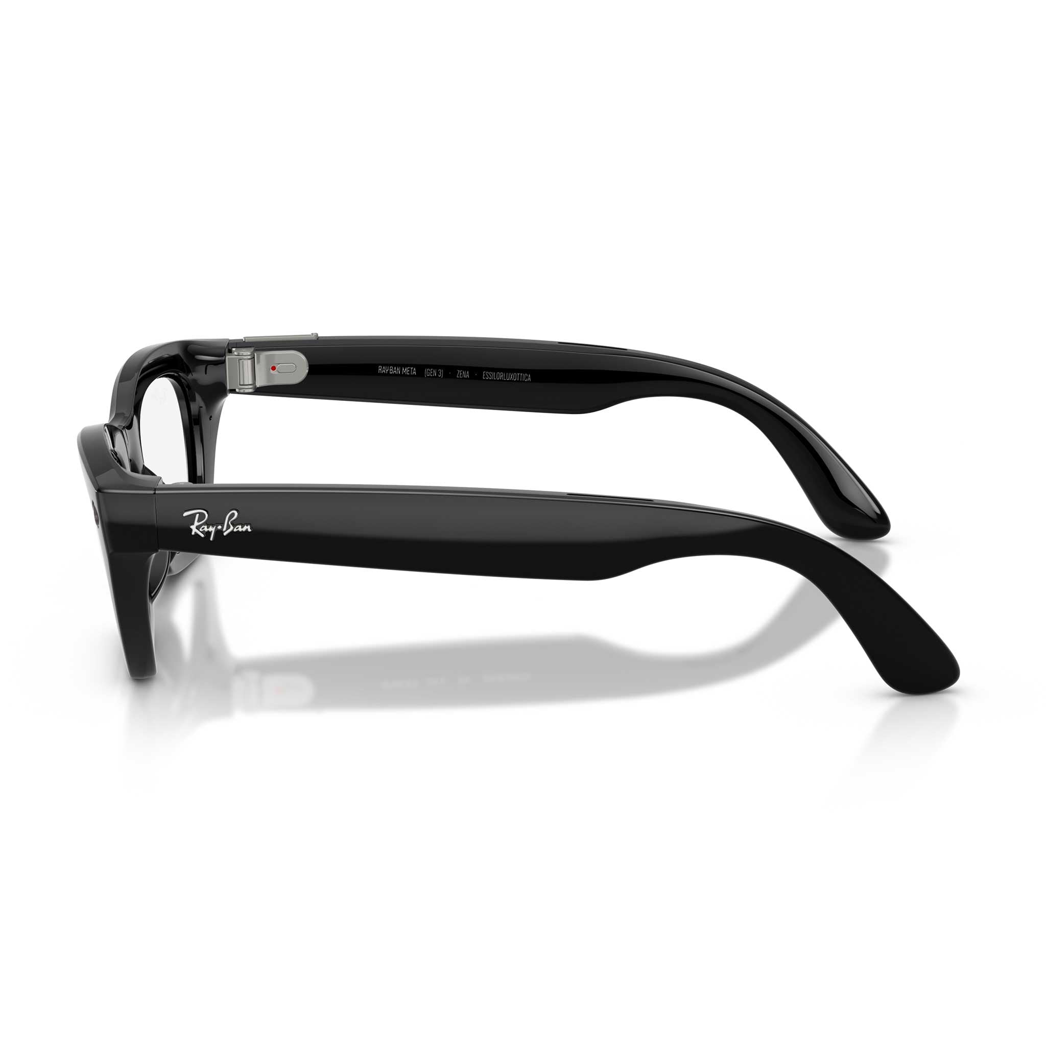 Black Ray-Ban sunglasses with a glossy acetate frame, shown in a side profile view on a white background with a soft reflection.