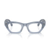 A pair of translucent light blue glasses with clear lenses, displayed on a clean white background with a soft reflection underneath.