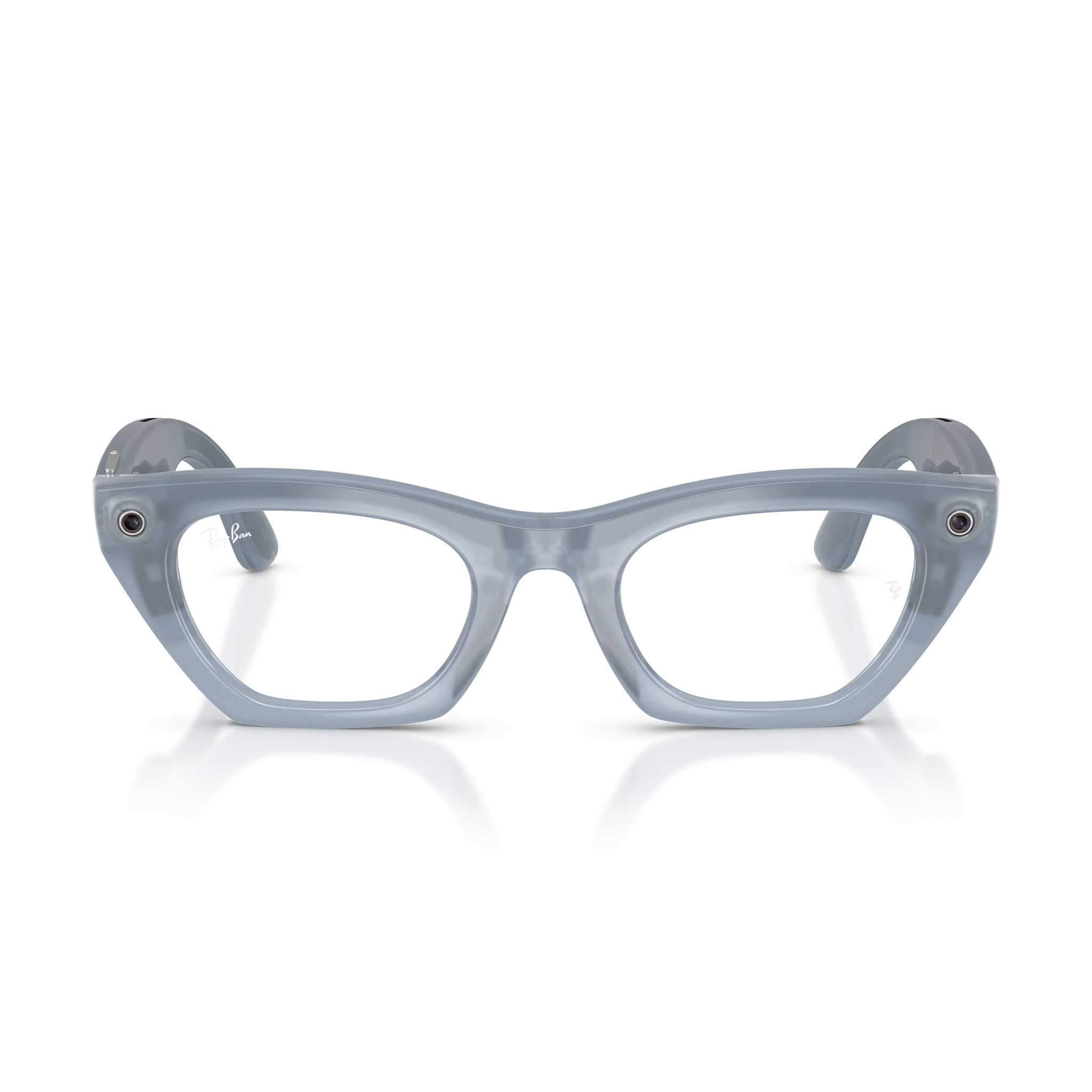 A pair of translucent light blue glasses with clear lenses, displayed on a clean white background with a soft reflection underneath.