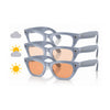 Three pairs of sunglasses with translucent light blue-gray frames and orange-tinted lenses, arranged in a stacked layout on a white background with small weather icons on the left.