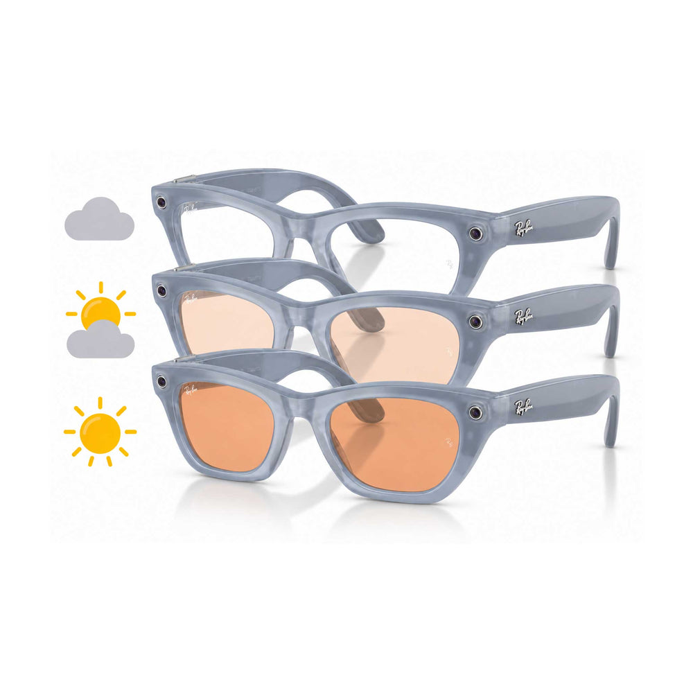 Three pairs of sunglasses with translucent light blue-gray frames and orange-tinted lenses, arranged in a stacked layout on a white background with small weather icons on the left.
