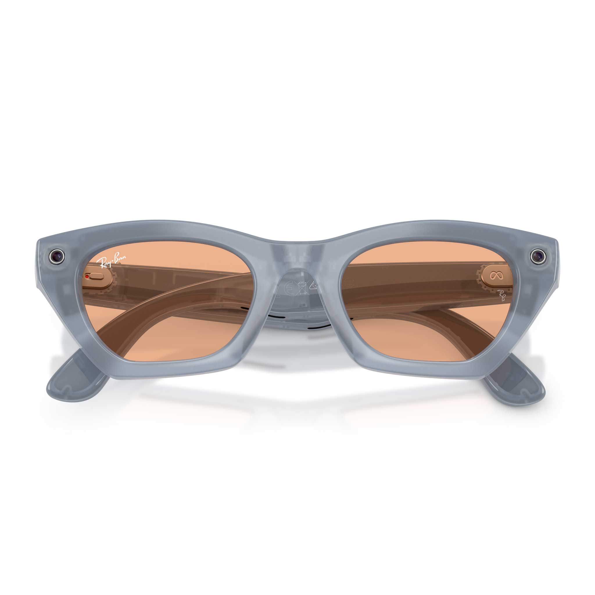 Ray-Ban Wayfarer-style sunglasses with a translucent gray acetate frame and warm brown-tinted lenses, shown on a clean white background.