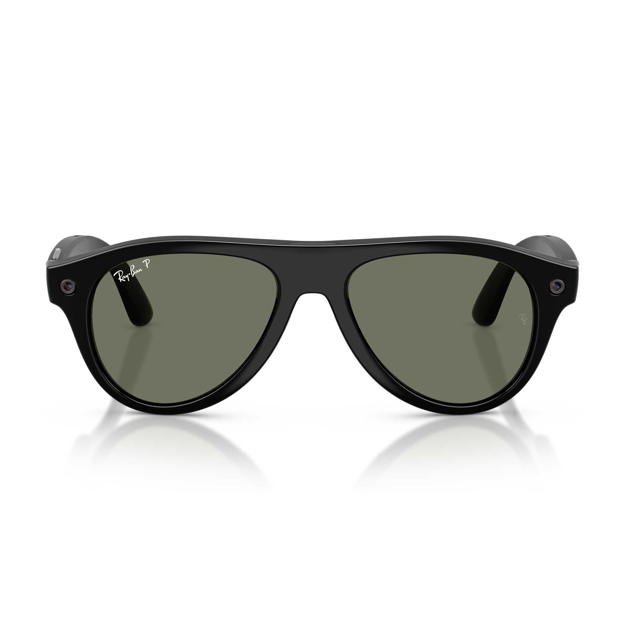 Ray-Ban sunglasses with a black acetate frame and dark green lenses, shown from a front-facing perspective on a white background with a subtle reflection.