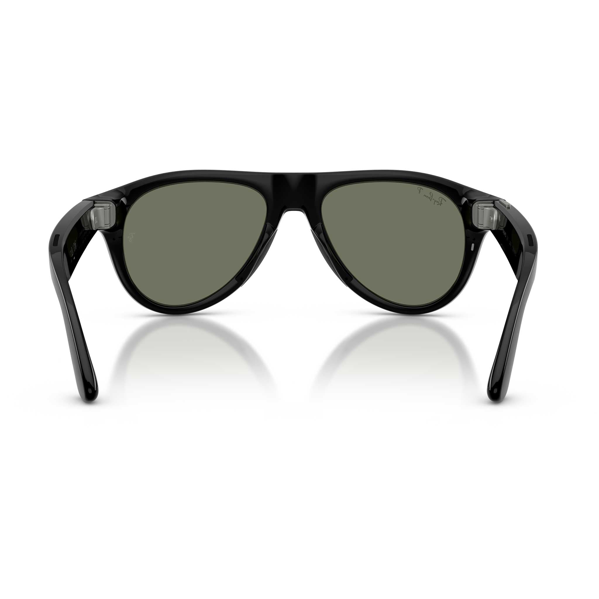A pair of black aviator-style sunglasses with dark green lenses, shown from the front on a clean white background with a soft reflection below.