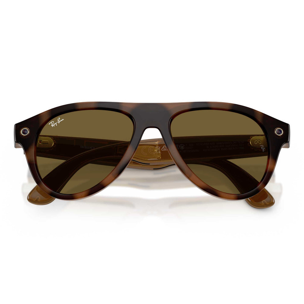 Ray-Ban aviator sunglasses with a dark brown tortoiseshell acetate frame and brown tinted lenses, shown from the front on a white background.