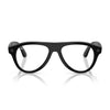 Black aviator-style eyeglasses with clear lenses, shown from the front on a white background with a soft reflection.
