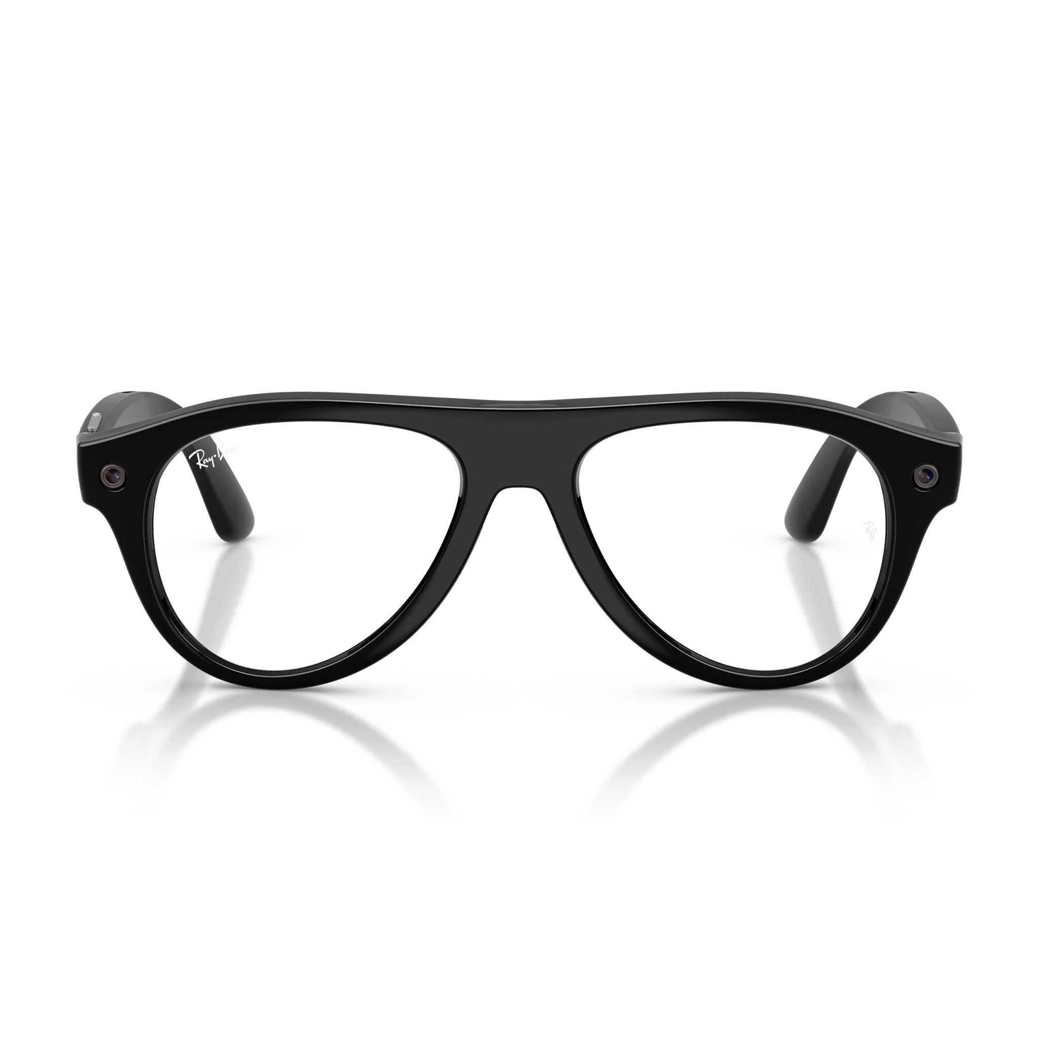 Black aviator-style eyeglasses with clear lenses, shown from the front on a white background with a soft reflection.