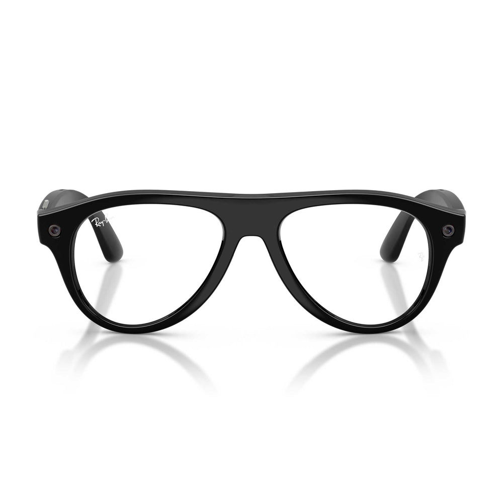 Black aviator-style eyeglasses with clear lenses, shown from the front on a white background with a soft reflection.