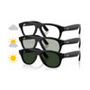 Three pairs of Ray-Ban Aviator sunglasses stacked diagonally on a white background, showing black frames with progressively darker green-tinted lenses. Small sun and cloud icons appear on the left side.