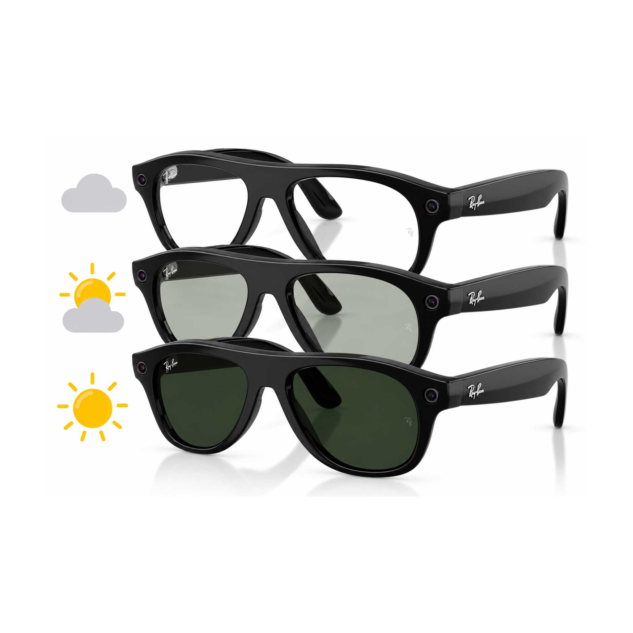 Three pairs of Ray-Ban Aviator sunglasses stacked diagonally on a white background, showing black frames with progressively darker green-tinted lenses. Small sun and cloud icons appear on the left side.