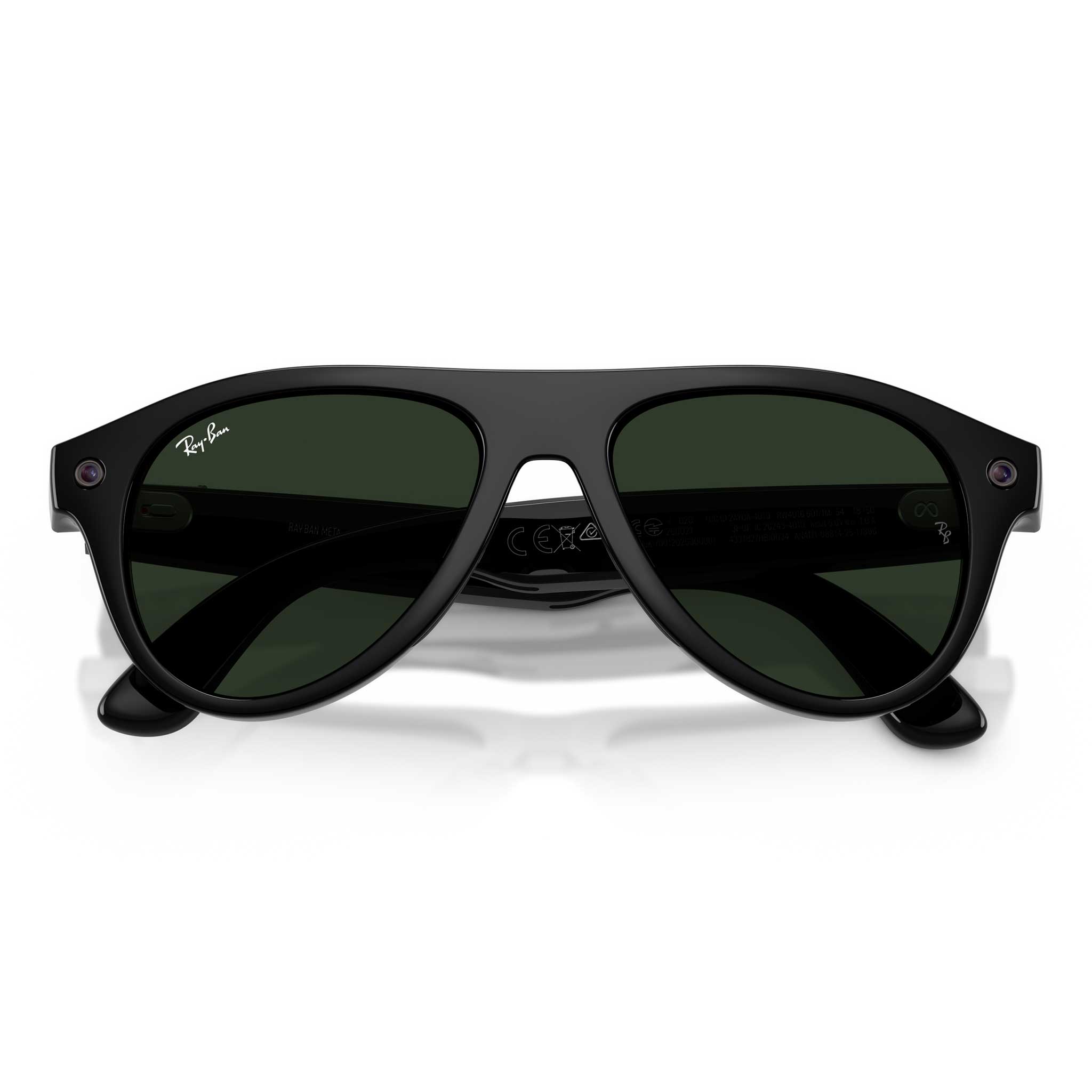 Ray-Ban aviator sunglasses with a glossy black frame and dark green lenses, shown from the front on a white background.