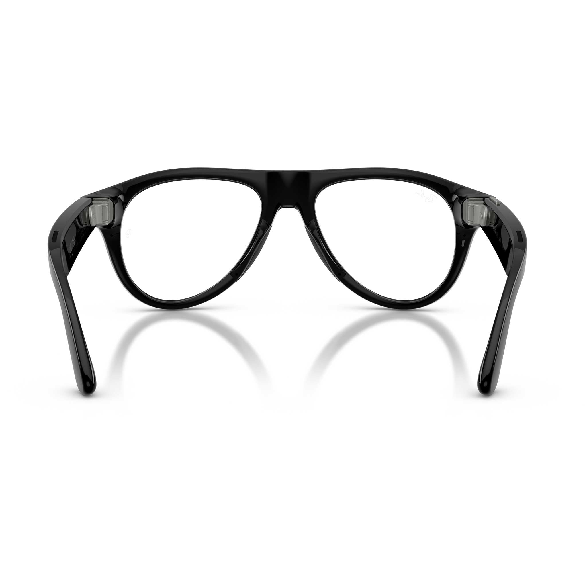 Black aviator sunglasses with clear lenses, shown from the front on a white background with a soft reflection below.