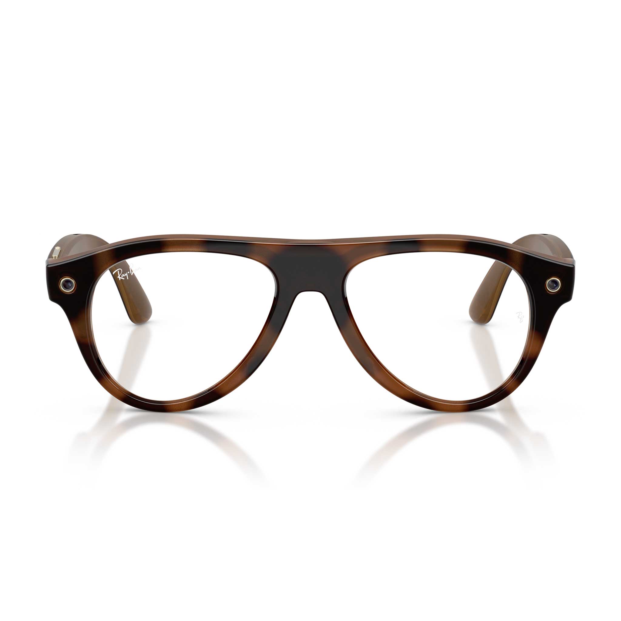Glasses frames in a classic tortoiseshell pattern, featuring a dark brown and amber-brown mottled design. The frames are shown from the front on a clean white background with a subtle reflection underneath.