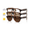 Three pairs of Ray-Ban Wayfarer-style sunglasses in a stacked arrangement on a white background, with small cloud and sun icons on the left indicating UV protection. The frames are tortoiseshell with dark brown and black tones, and the lenses are tinted brown.