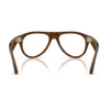 A pair of aviator-style eyeglasses with a translucent brown acetate frame, shown from the back against a white background with a soft reflection.
