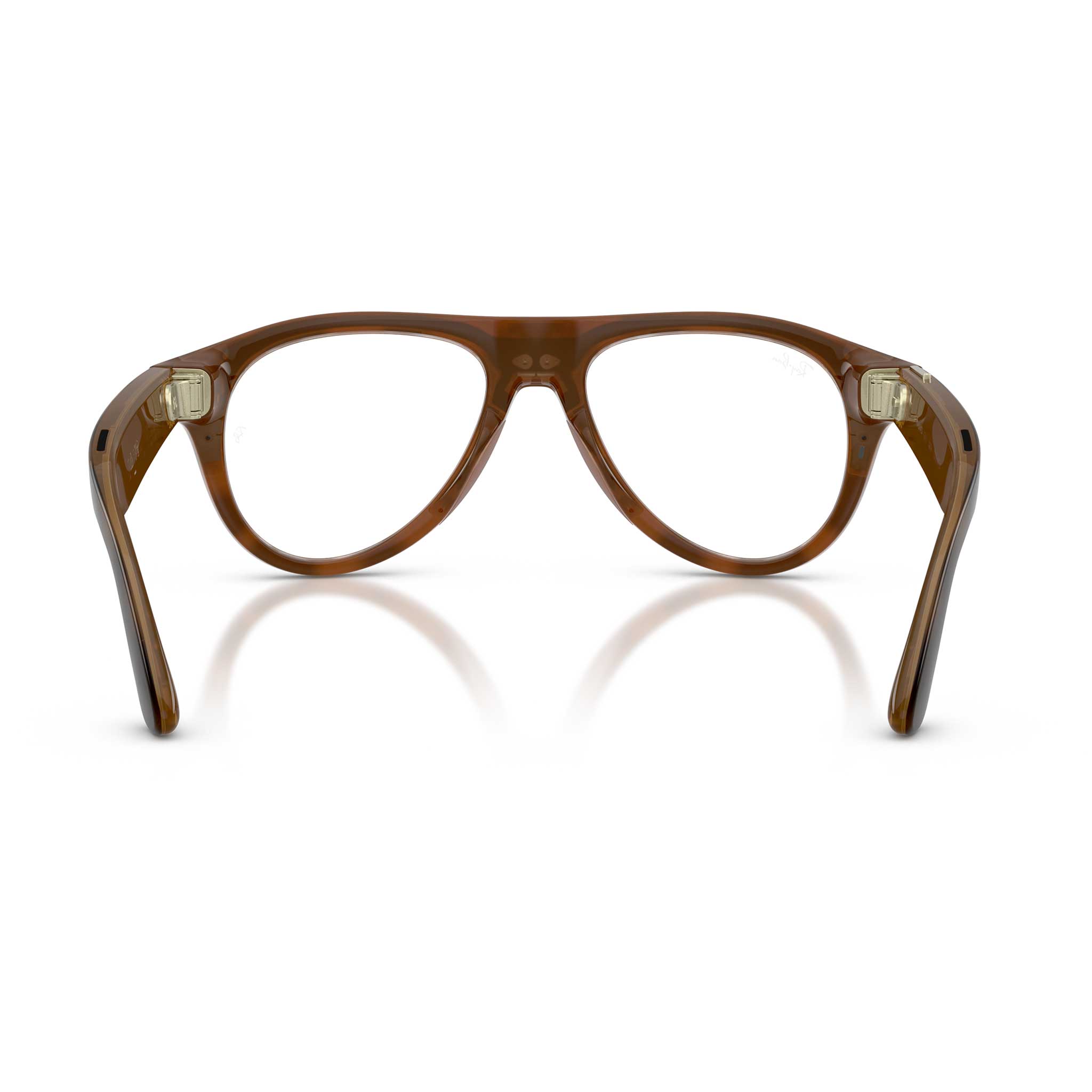 A pair of aviator-style eyeglasses with a translucent brown acetate frame, shown from the back against a white background with a soft reflection.