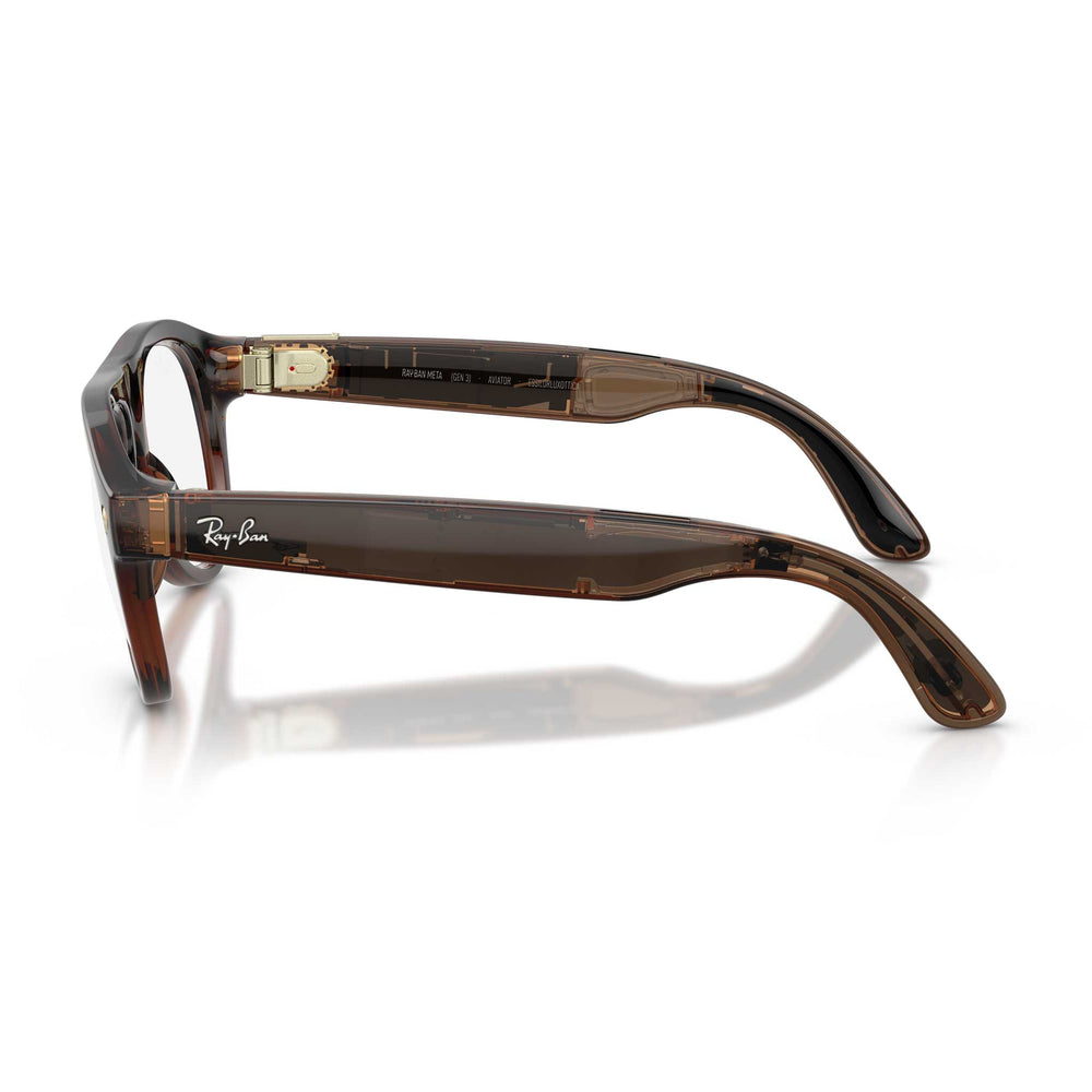 Ray-Ban square glasses in a translucent brown acetate with a subtle tortoiseshell pattern, shown from a side profile on a white background with a soft reflection.