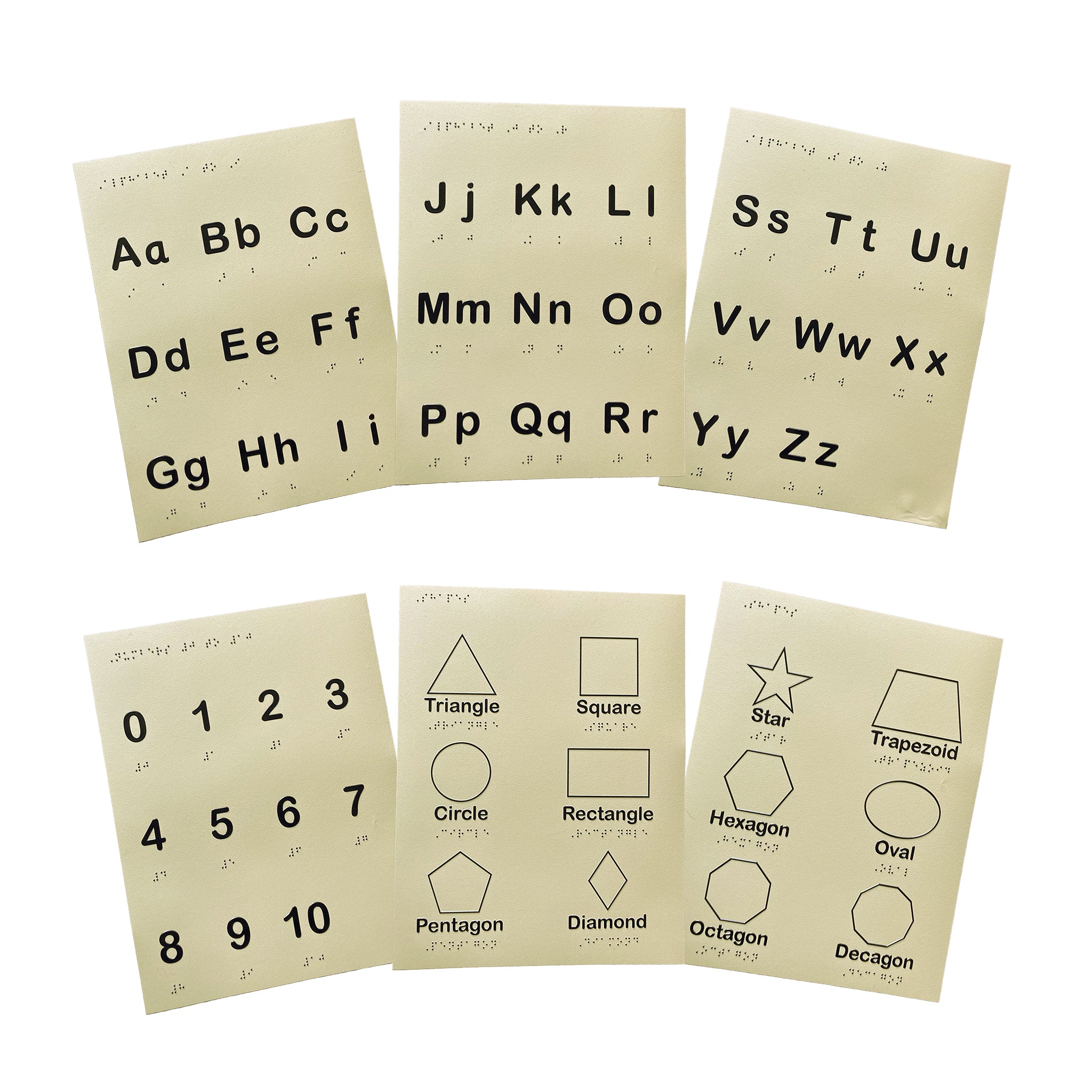 Six tactile sheets arranged in two fanned rows of three. Top row are the three alphabet sheets. Bottom row contains number sheet and two sheets of shapes.