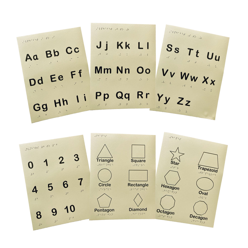 Six tactile sheets arranged in two fanned rows of three. Top row are the three alphabet sheets. Bottom row contains number sheet and two sheets of shapes.