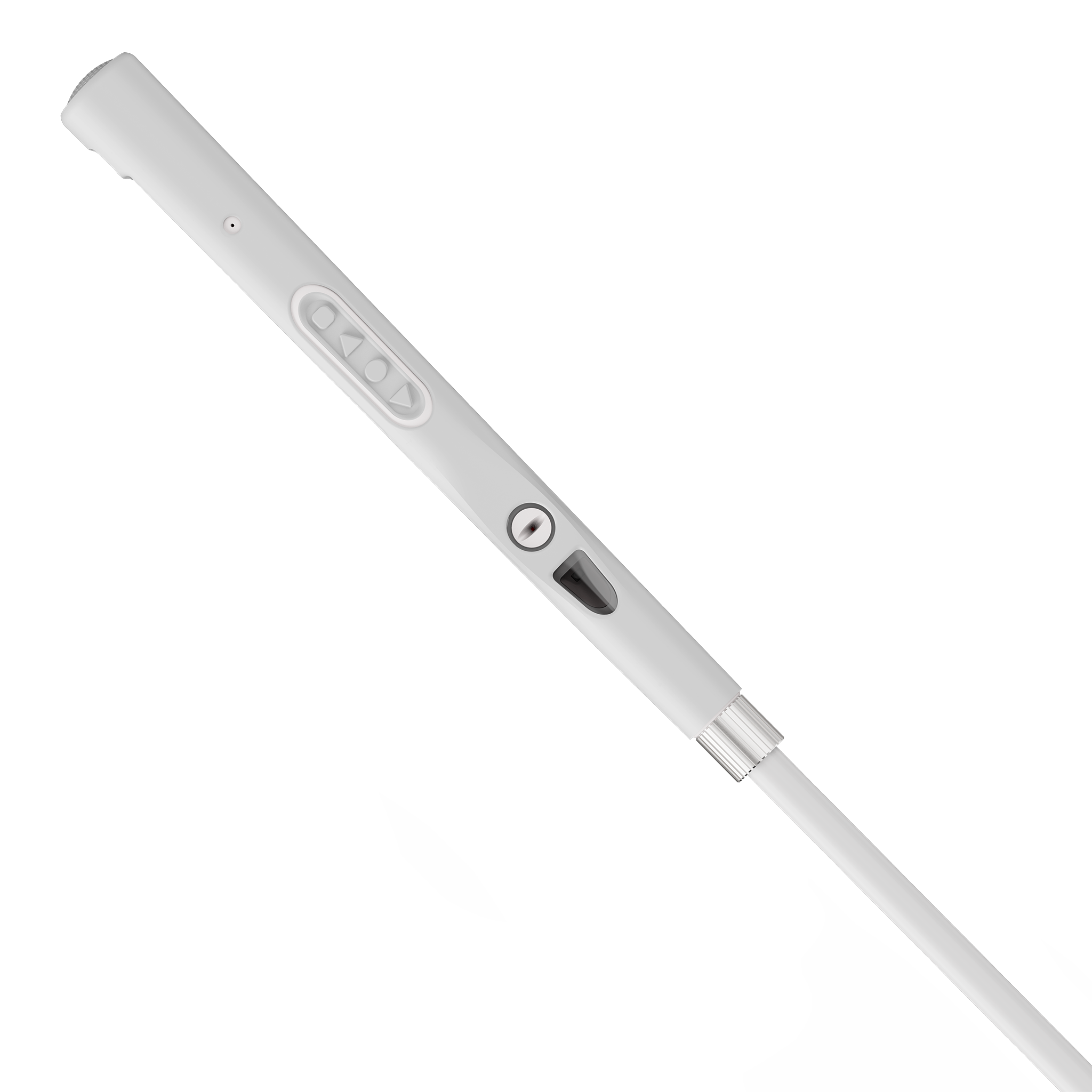 Handle of the WeWalk V2 smart cane in grey against a white background.