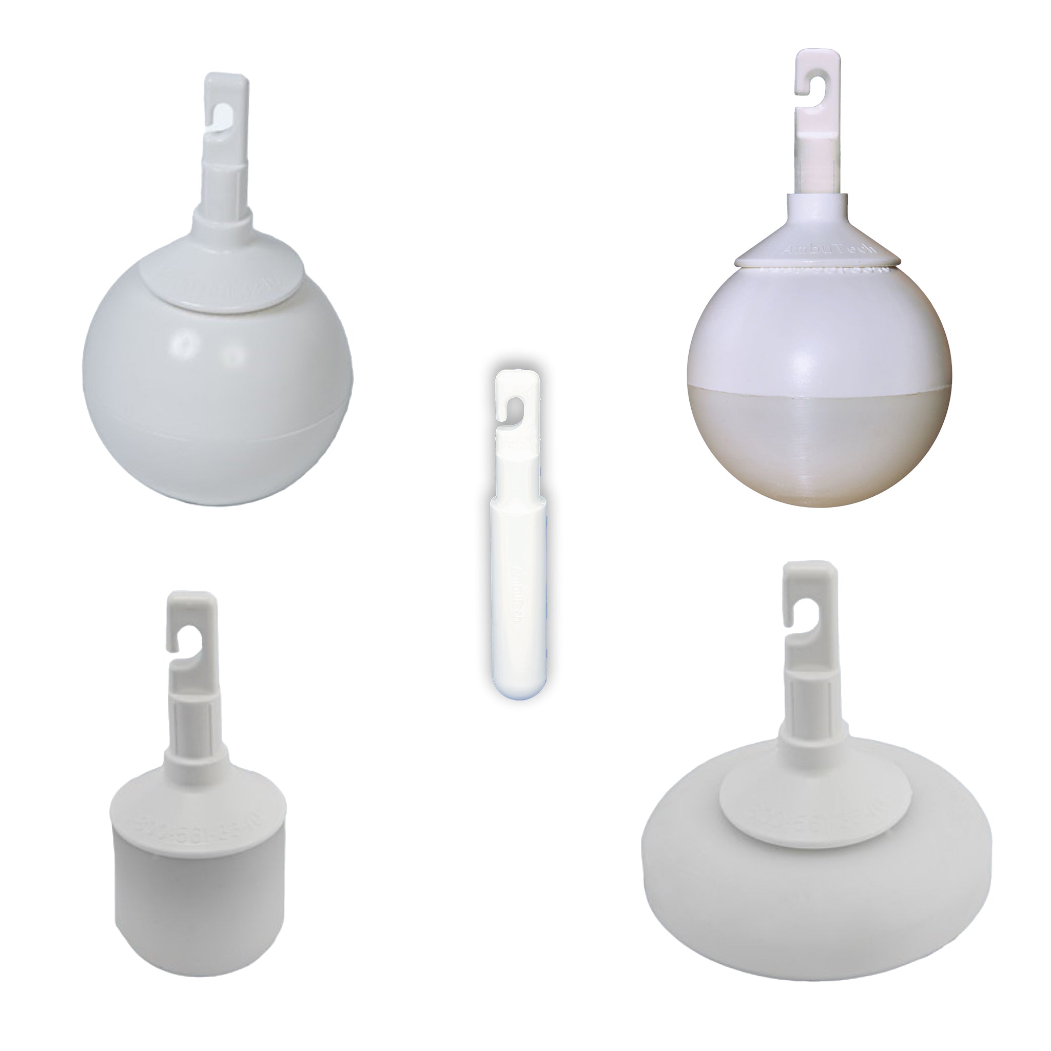 Five different style cane tips on a white background