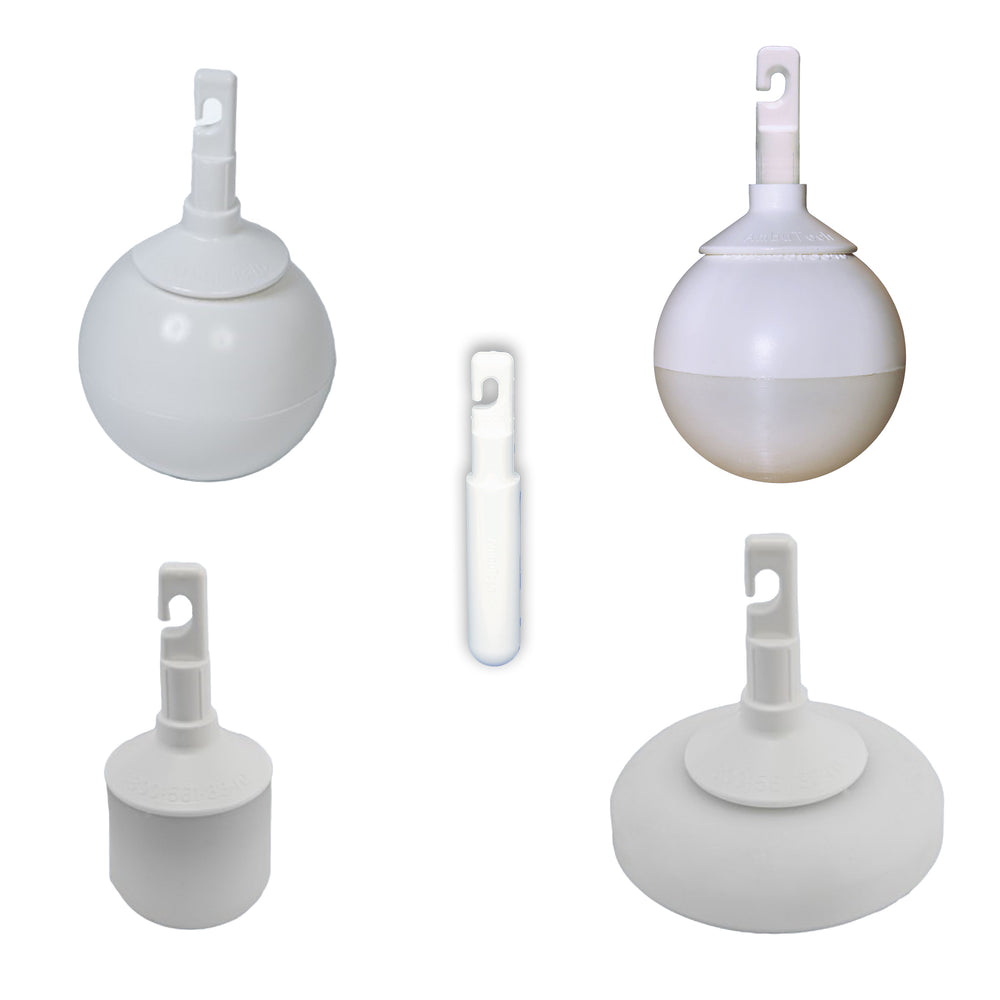 Five different style cane tips on a white background