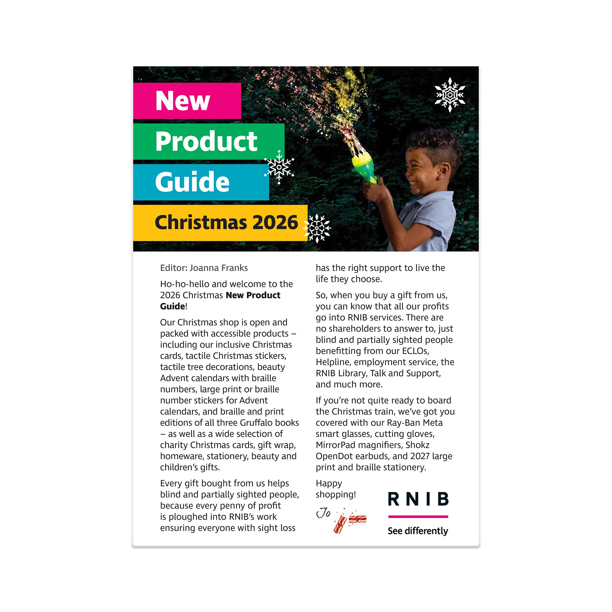 Cover of Christmas 2026 New Product Guide which has an image of a smiling young boy using a bubble torch
