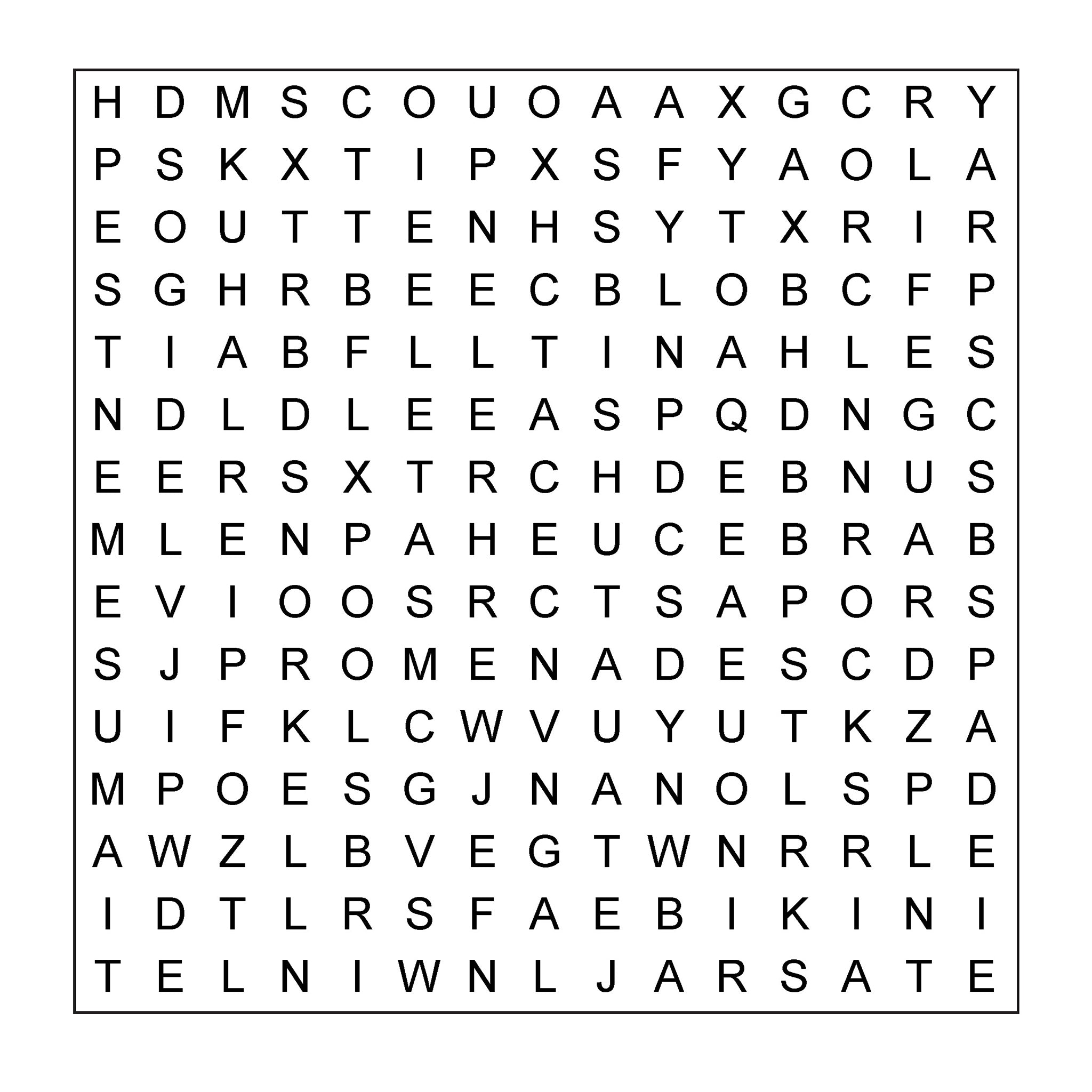 Sample wordsearch grid for At the beach