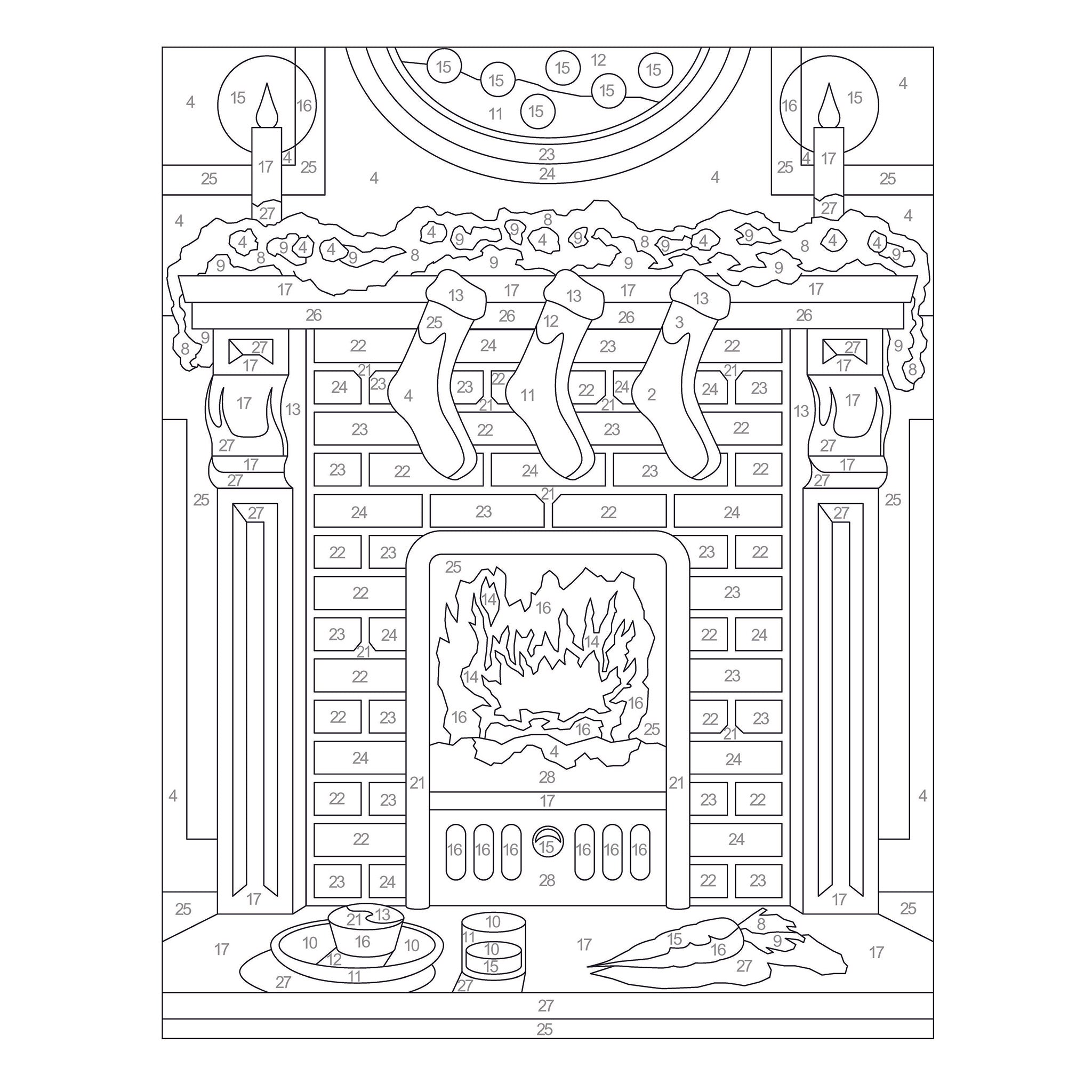 Black and white illustration of a fireplace with stockings, candles, and a pie, resembling a Christmas scene.