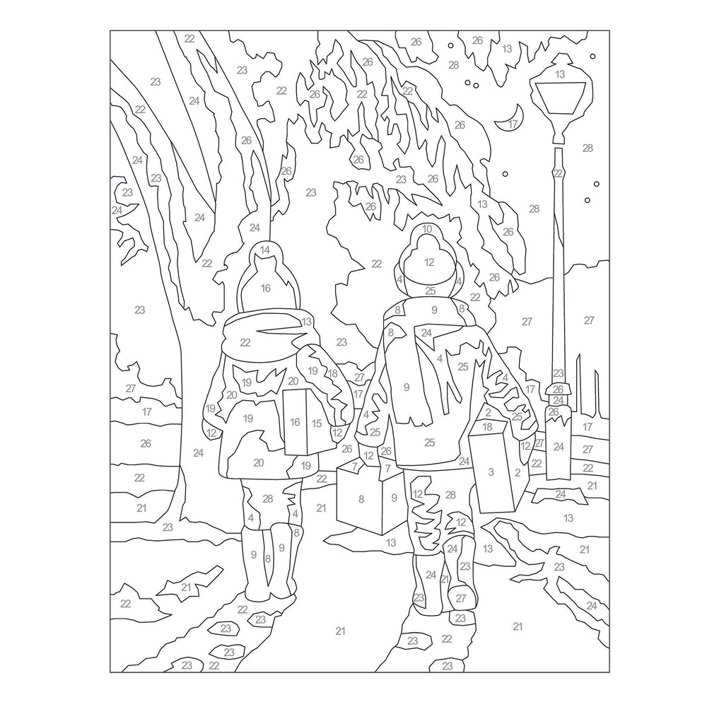 Color by number sheet with two people and a streetlight in a forest setting.