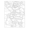 Black and white outline of a Santa Claus character on a snowy landscape.