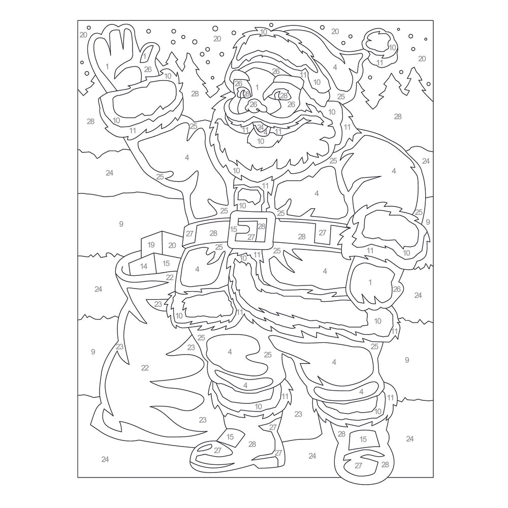 Black and white outline of a Santa Claus character on a snowy landscape.