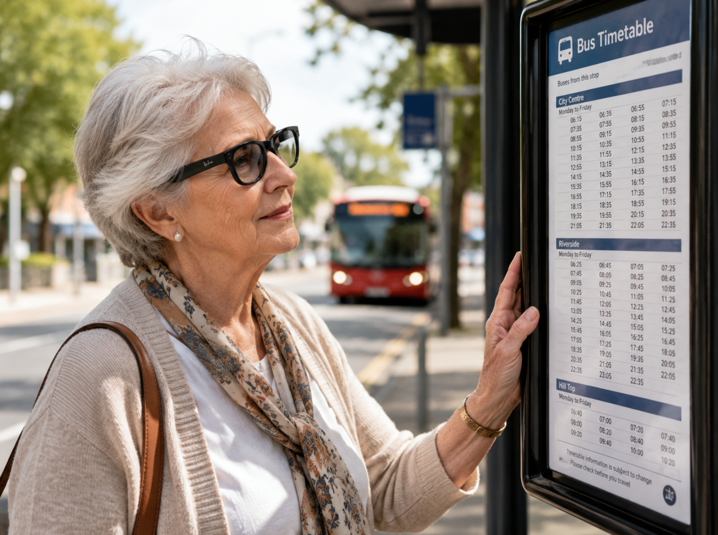 An older woman using Ray-Ban Meta smart glasses to read a timetable at a bus stop