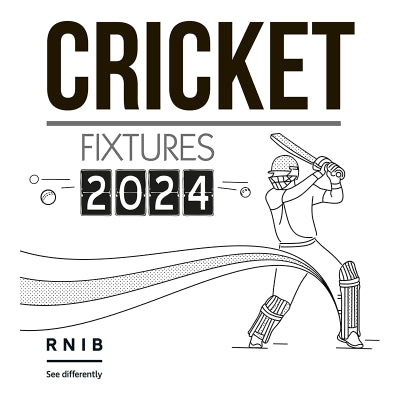 White cover with a black outline of a batsman hitting balls, with the wording Cricket Fixtures 2024