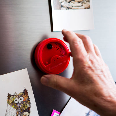 talking tin on a metallic fridge