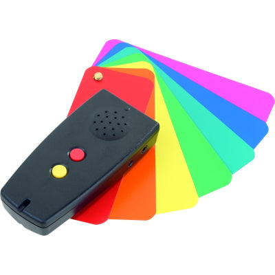 Colorino colour detector positioned on top of a group of coloured plastic cards