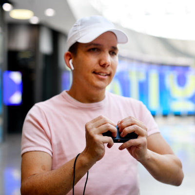 A person using the Hable One in an indoor setting