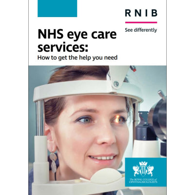 Booklet cover shows lady having an eye exam