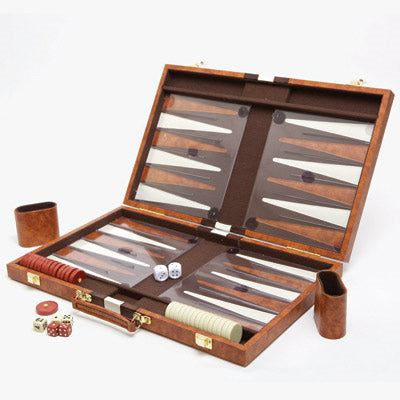 Backgammon case open to show tactile board, counters and dice