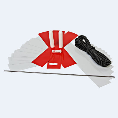 White,  red reflective tapes push-on pencil tips cord hook tool,  instructions and elastic cord