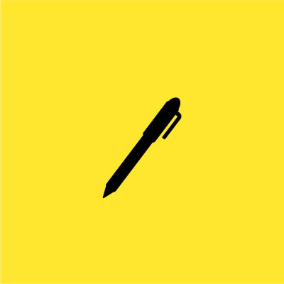 A yellow cover depicting a pen and small feather