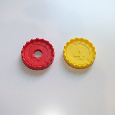 close up of yellow and modified red discs